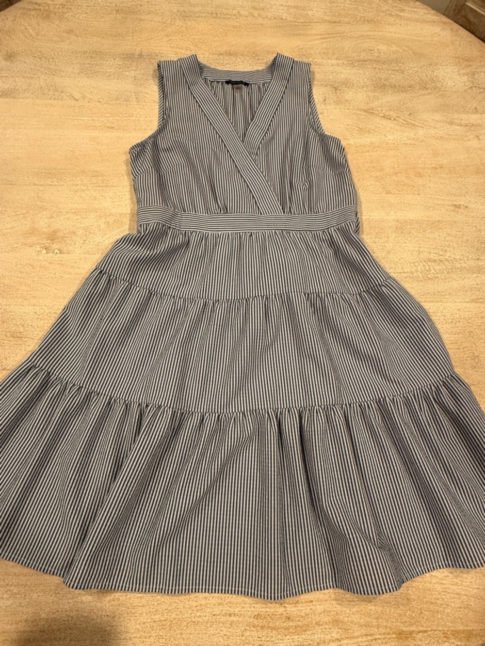 Tommy Hilfiger Navy and White Striped Sleeveless V-Neck Tiered Midi Dress